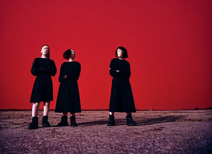 Image similar to cinestill 5 0 d closeup photographic portrait of 2 clones in front of a brutalist metal building, 2 techwear women, on a desolate plain, red sky, black oversized clothes, depth of field, 4 k, 8 k, hd, full color