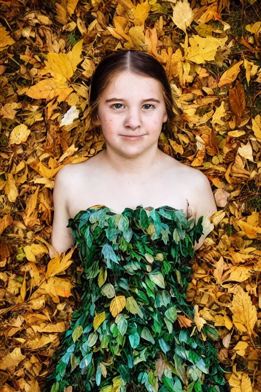 Image similar to a portrait of a girl wearing a dress made up of leaves