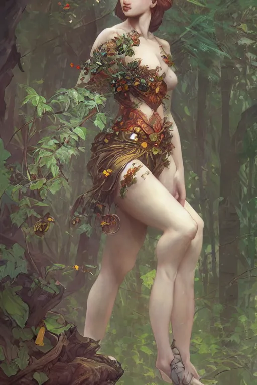 Image similar to full body portrait of forest queen akimbo highly detailed, digital painting, artstation, concept art, smooth and sharp focus, illustration, art by tian zi and wlop and alphonse mucha