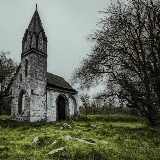 Prompt: a stone and wood church, abandoned and reclaimed by nature, irish church, 8 k photography