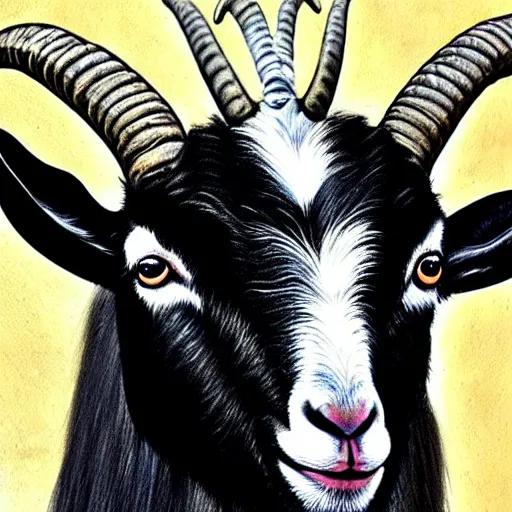 Image similar to detailed portrait of vladimir putin in the form of a goat with detailed big horns, with a pentagram on the background