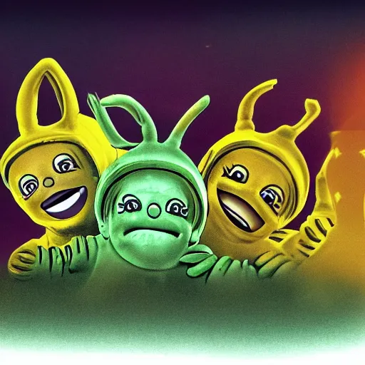 Prompt: illustration of teletubbies in the style of h. r. giger