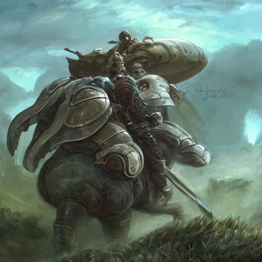 Image similar to A man in armour riding a giant tardigrade into battle, fantasy art, green hills, beautiful, trending on artstation, digital art