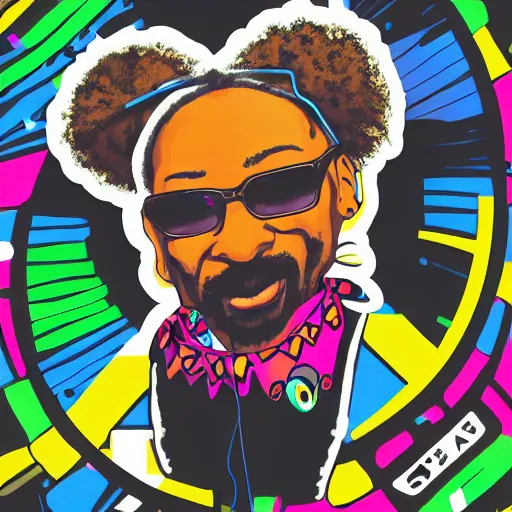 Image similar to svg sticker of a Dancing-Ben-Harper-Snoop-Spike-Lee-with-a-large-Afro-Puff, at a rave, spinning records, giant headphones rocking out, wearing headphones, huge speakers, dancing, rave, DJ, spinning records, digital art, amazing composition, rule-of-thirds, award-winning, trending on artstation, featured on deviantart