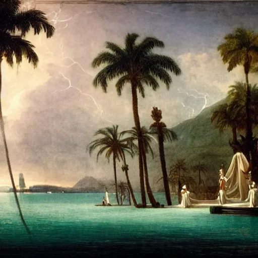 Image similar to Palace floating in the sky, 1km tall, thunderstorm, greek pool, beach and palm trees on the background major arcana sky, by paul delaroche, hyperrealistic 4k uhd, award-winning very detailed