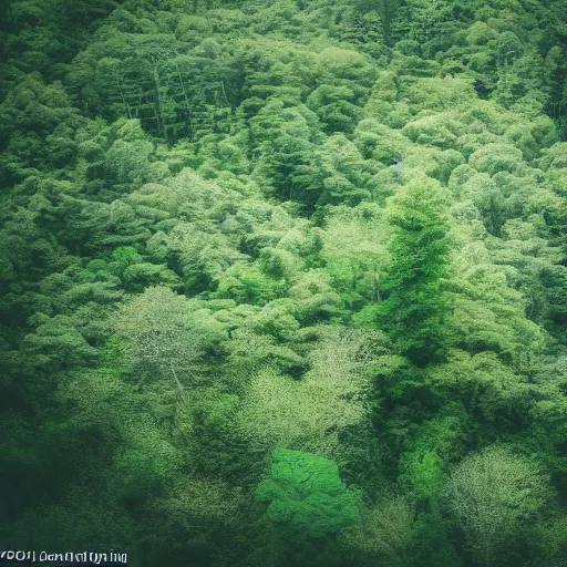 Image similar to Looking down at the forest floor, covered in fallen leaves, A green gold forest in Japan, dark, midnight, ghostly white trees