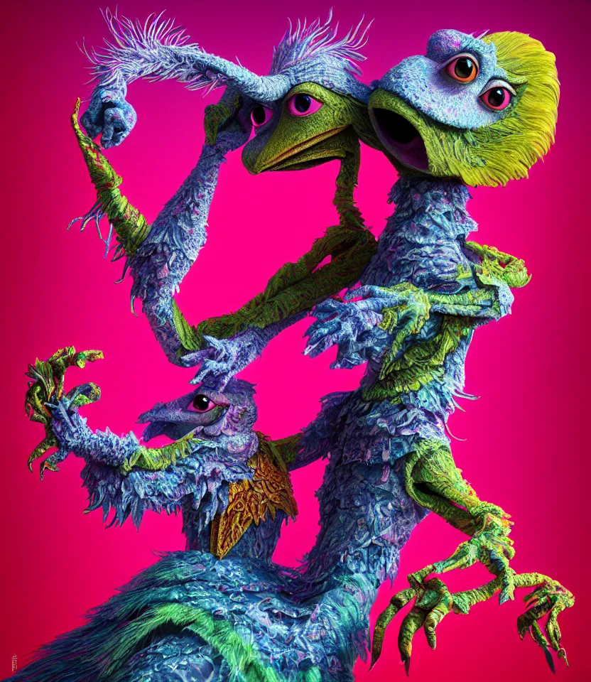 Prompt: hyper detailed 3d render like a Oil painting - kawaii portrait of two Aurora (a beautiful skeksis muppet fae princess protective playful expressive acrobatic from dark crystal that looks like Anya Taylor-Joy) seen red carpet photoshoot in UVIVF posing in scaly dress to Eat of the Strangling network of yellowcake aerochrome and milky Fruit and His delicate Hands hold of gossamer polyp blossoms bring iridescent fungal flowers whose spores black the foolish stars by Jacek Yerka, Ilya Kuvshinov, Mariusz Lewandowski, Houdini algorithmic generative render, golen ratio, Abstract brush strokes, Masterpiece, Edward Hopper and James Gilleard, Zdzislaw Beksinski, Mark Ryden, Wolfgang Lettl, hints of Yayoi Kasuma and Dr. Seuss, octane render, 8k