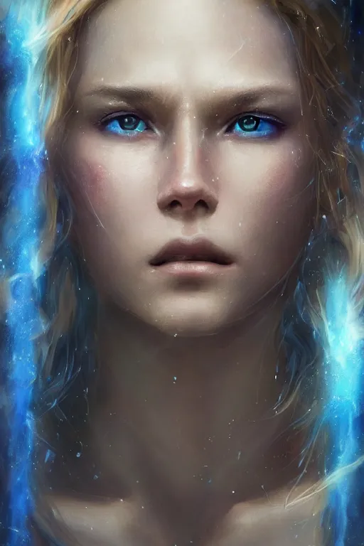 Image similar to a fancy close up portrait of a beautiful light mage covered in deep blue aura by Greg Rutkowski, Sung Choi, Mitchell Mohrhauser, Maciej Kuciara, Johnson Ting, Maxim Verehin, Peter Konig, final fantasy , mythical, 8k photorealistic, cinematic lighting, HD, high details, atmospheric,