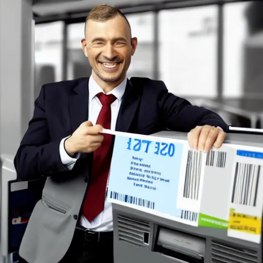 Prompt: hyperrealistic painting image where a happy businessman appears behind a ticket printing machine