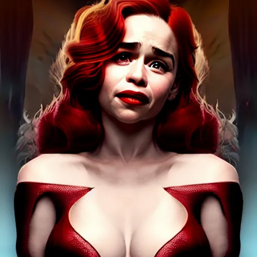 Image similar to emilia clarke as jessica rabbit, character headshot portrait, sharp, digital matte painting, art by luis royo, greg rutkowski, wlop, dramatic lighting, trending on artstation