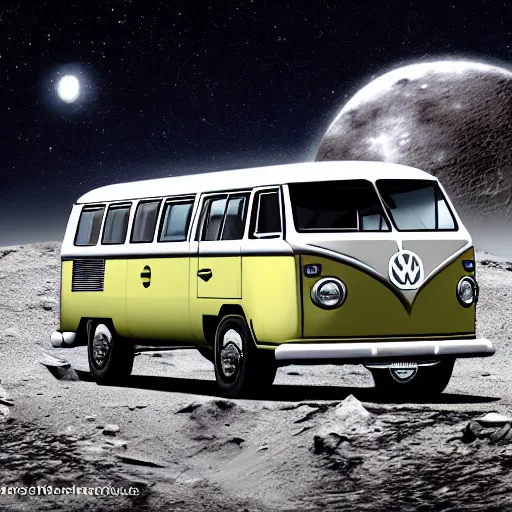 Image similar to realistic sci - fi high detailed photo of vw bus in moon crater