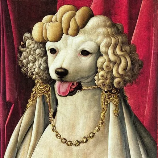 Prompt: portrait of a white poodle dog as an italian queen, painting by botticelli, 1 4 8 0 s