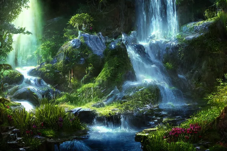 Image similar to a fantasy enchanted waterfall. cinematic lighting. photorealism.