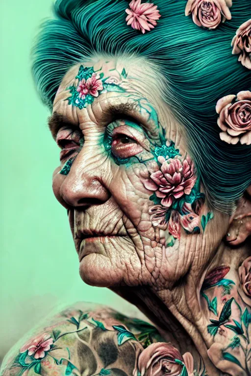 Image similar to hyperrealistic hyper detailed close-up side portrait of old woman covered in rococo flower tattoos matte painting concept art hannah yata very dramatic dark teal lighting low angle hd 8k sharp 35mm shallow depth of field