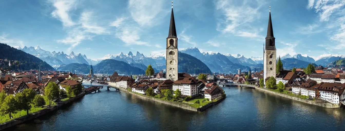 Image similar to Photo of Zurich, looking down the river at the lake and the alps, Hardturm, Grossmünster, wide angle, volumetric light, hyperdetailed, mountain water, artstation, cgsociety, 8k