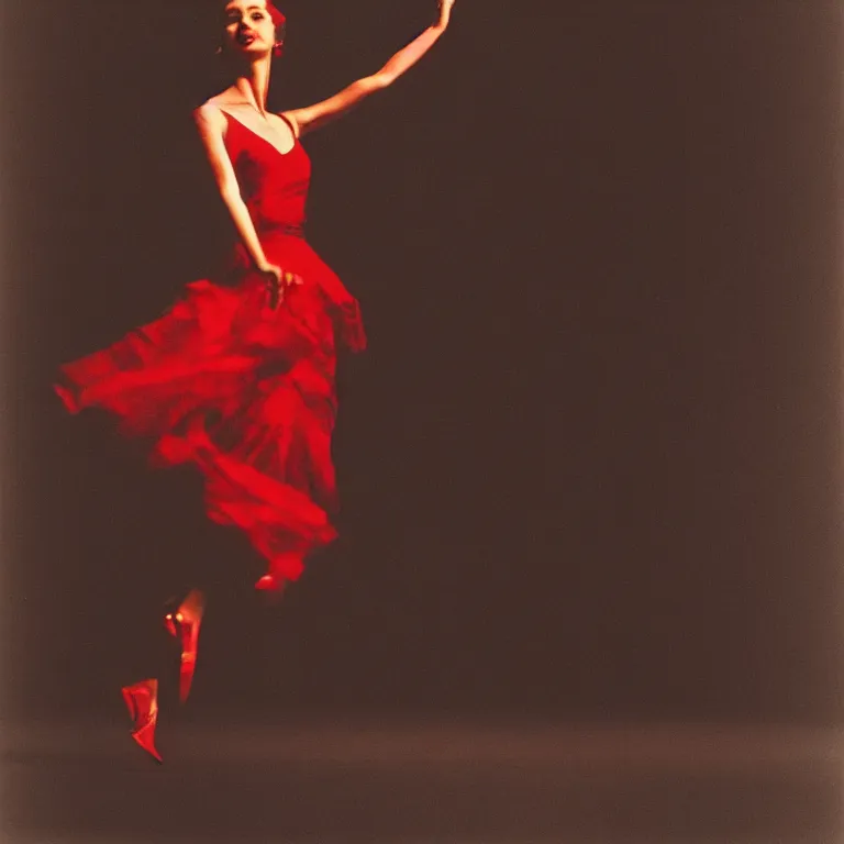 Image similar to A high-detailed photo of woman dancing in the night, grayscale photo with red dress, realism, photo by Richard Avedon