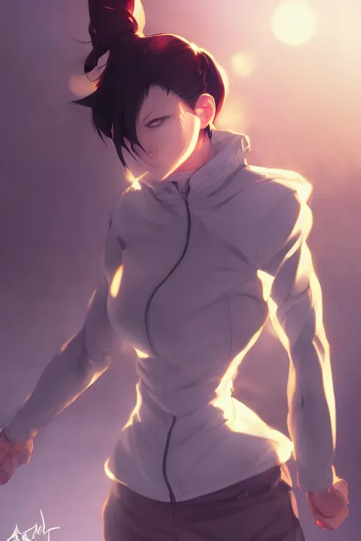 Image similar to black ponytail hair, pale woman in a black zipper jacket, yellow eyes, by artgerm, hair tied in a ponytail, white backdrop, soft lighting, fighting pose, by greg rutkowski makoto shinkai takashi takeuchi