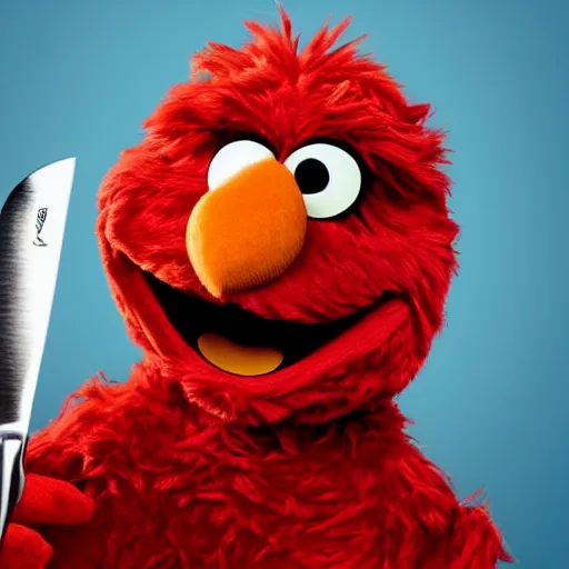 Image similar to a photo of elmo holding a knife in his hand, ultra high detail.