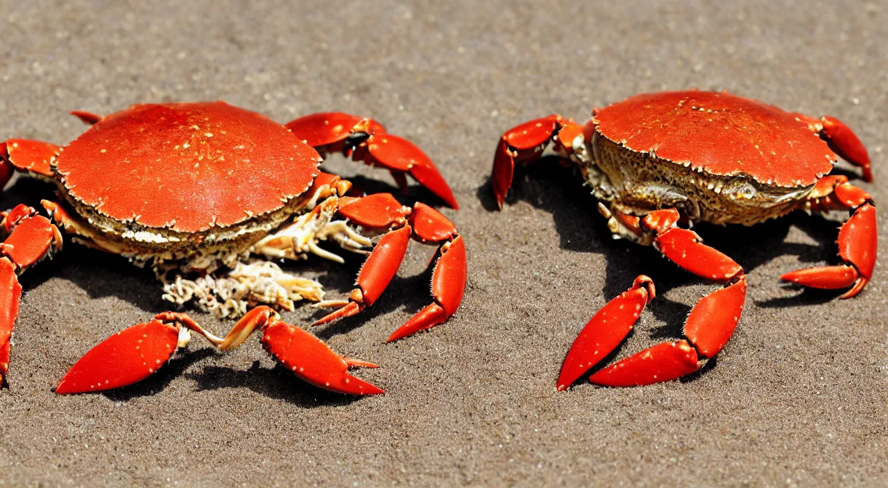 Image similar to a realistic image of a crab with a pancake on it's head, ultra high detail, the crab is on sand on a beach with ocean in the background, 8 k.