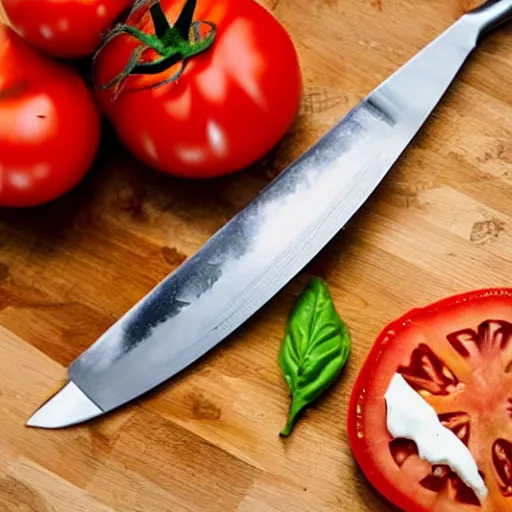 Image similar to tomato and mozzarella being cut by a long blade in the style of fruit ninja