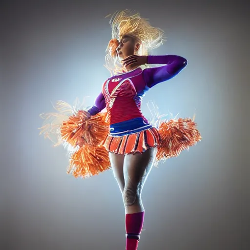 Prompt: full body pose, hyperrealistic mixed media painting of a cheerleader, dim volumetric lighting, 8 k, octane beautifully detailed render, extremely hyper detailed, intricate, epic composition, cinematic lighting, masterpiece, trending on artstation, very very detailed, masterpiece, stunning, hdr, smooth, sharp focus, high resolution, award, winning photo, dslr, 5 0 mm
