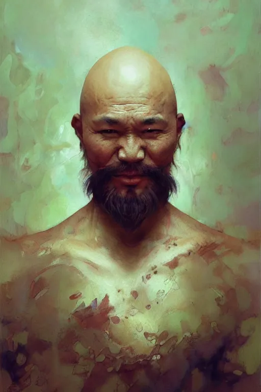 Image similar to creative bald kazakh guy with a short beard, painted by ruan jia, raymond swanland, lawrence alma tadema, zdzislaw beksinski, norman rockwell, jack kirby, tom lovell, alex malveda, greg staples