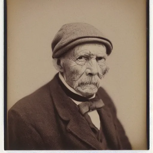 Image similar to polaroid photo of an older man, about 1 2 0 years old, with wrinkles on his face, looking towards infinity with a sad look, a two - day beard and a woolen cap while his lips are chapped by the sun, as well as his dark complexion