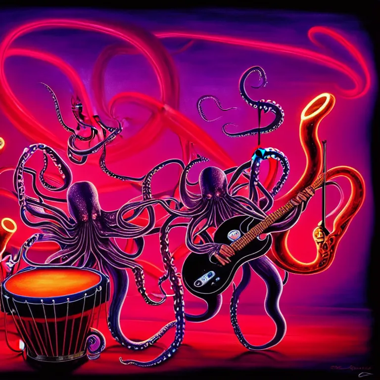 Image similar to a beautiful painting by gerald brom of an octopus playing drums and telecaster guitar in an electronic concert, touchdesigner background, concert light, dark mood, warm neon lights