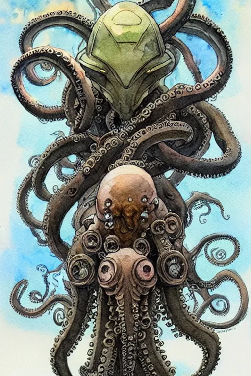 Image similar to a simple and atmospheric watercolour fantasy character concept art portrait of a mechanized android octopus as a druidic warrior wizard looking at the camera with an intelligent gaze, very muted colors, by rebecca guay, michael kaluta, charles vess and jean moebius giraud