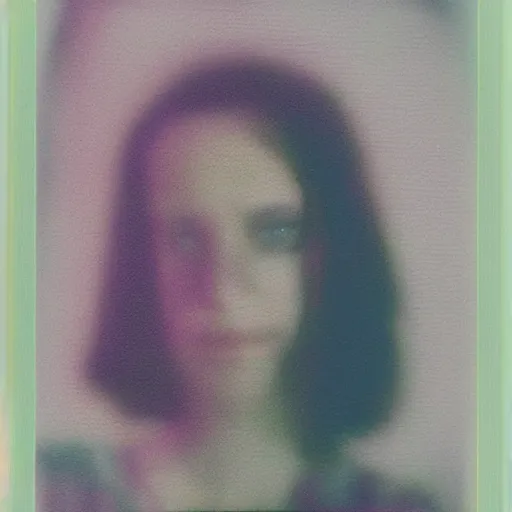 Prompt: glitchpunk damaged polaroid photo of a blurry woman in a dark dystopian future