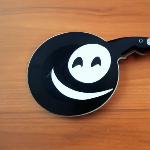 Image similar to collectible vinyl designer toy, cartoon character, head shaped as crescent moon, creepy smiling evil face with wrinkles, holds a small knife in hand