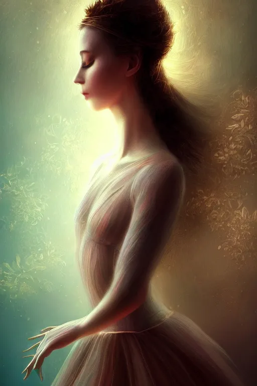 Image similar to prima ballerina, gorgeous, ethereal, intricate, elegant, volumetric lighting, nature scenery, digital painting, highly detailed, artstation, sharp focus, illustration, concept art, clive barker