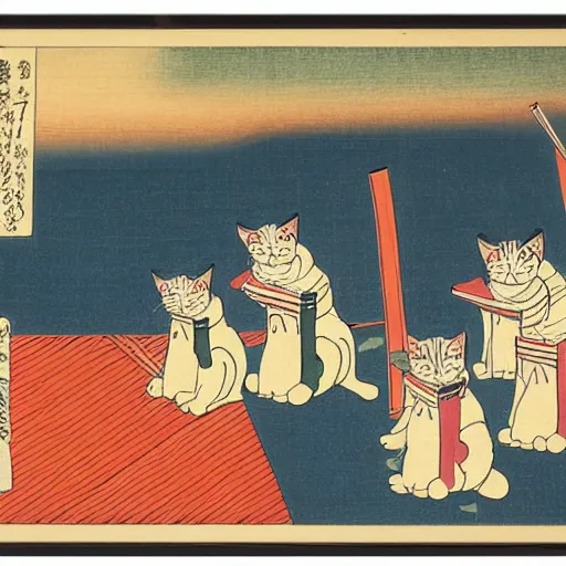 Image similar to masterpiece ukiyo-e painting of a cat parade at night