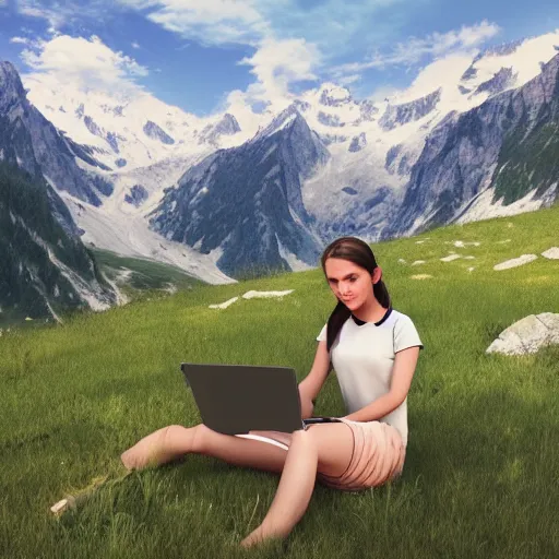 Image similar to smart female junior developer working with laptop outside in the mountains in summer, alps, 4k, digital art, highly detailed, artstation, 8k, ultrafine detail