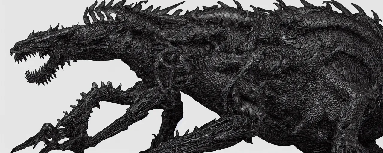 Prompt: full body, side perspective, large black scaled dragon, 3D, 8k resolution, by H R Giger