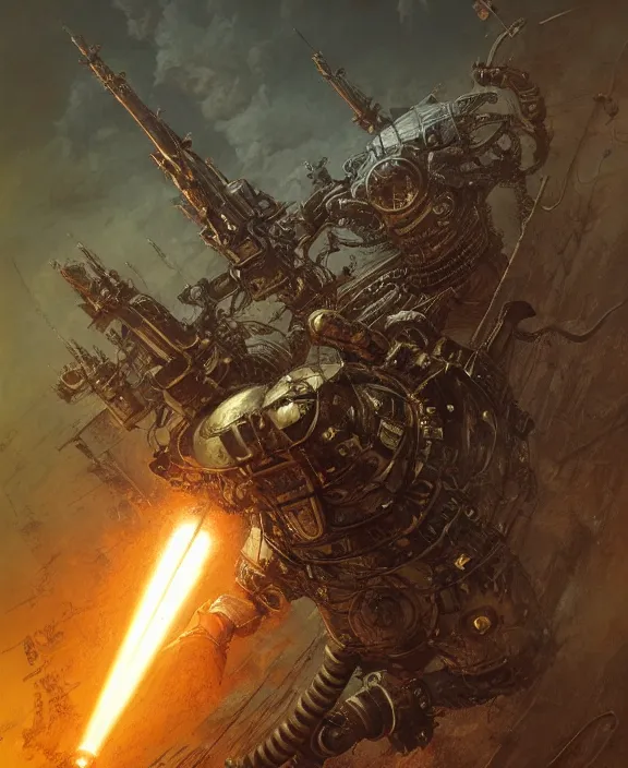 Image similar to a soldier in steampunk armour charging the enemy amongst powerful explosions, by HR Giger and Beksiński and Stephan Martiniere , 4k resolution, detailed, trending on artstation