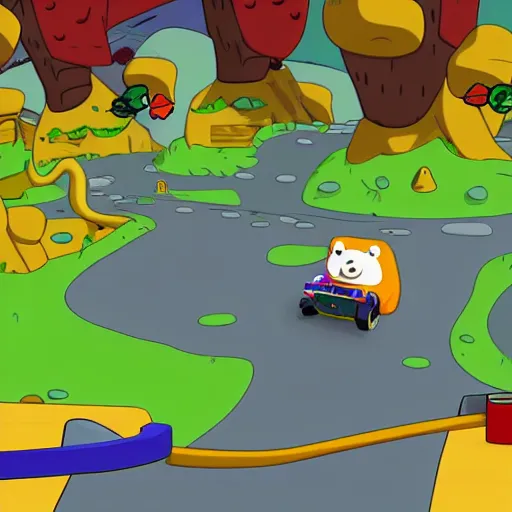 Image similar to adventure time Finn & Jake riding Mario karts level, cartoon video game graphics