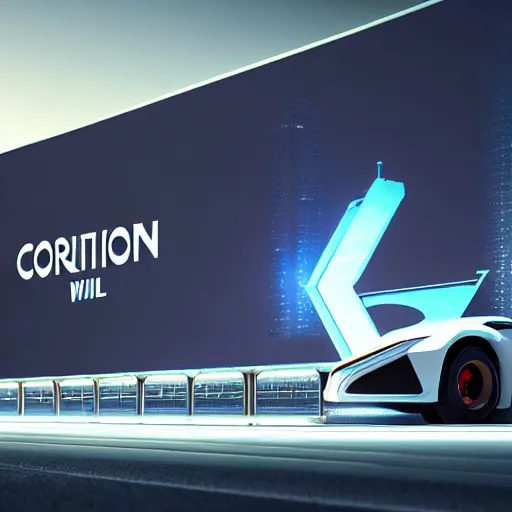 Image similar to sci-fi wall structure logotype and car on the coronation of napoleon painting and digital billboard in the middle, unreal engine 5, keyshot, octane, artstation trending, ultra high detail, ultra realistic, cinematic, 8k, 16k, in style of zaha hadid, in plastic, dark, tilt shift,