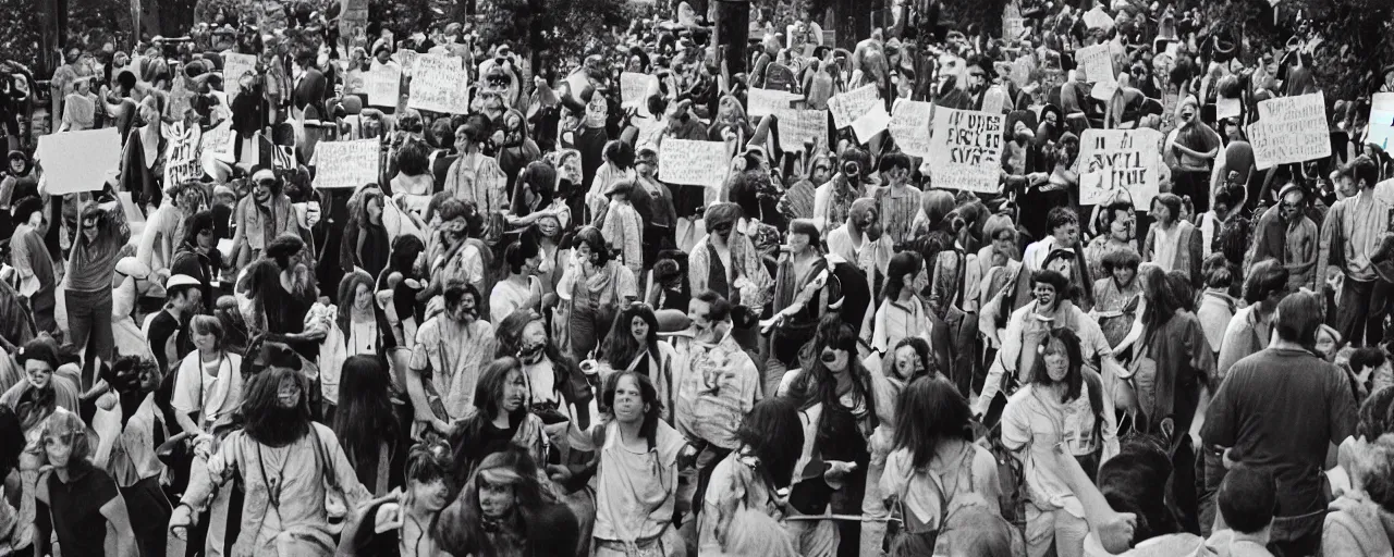 Image similar to ultra wide shot of hippies protesting spaghetti, 1 9 6 0's, balanced,, canon 5 0 mm, cinematic lighting, photography, retro, film, kodachrome