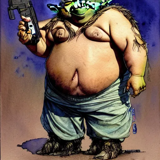 Prompt: a realistic and atmospheric watercolour fantasy character concept art portrait of a fat sleazy homeless chibi yoda wearing a wife beater and holding a glock, by rebecca guay, michael kaluta, charles vess and jean moebius giraud