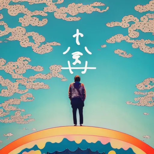 Image similar to a man walking on clouds away from the camera above kyoto by takashi murakami, beeple and james jean, aya takano color style, 4 k, super detailed, modern, 4 k, symmetrical