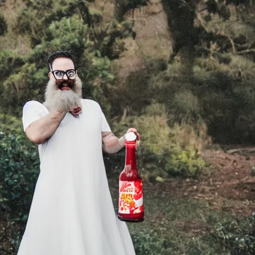 Prompt: man with short beard grinning sinisterly in a wedding dress holding a bottle of sriracha