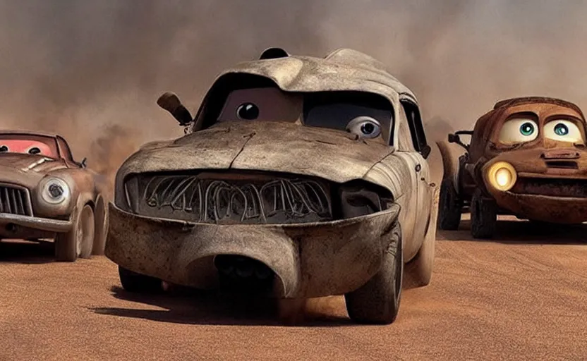 Image similar to mad max cars in a pixar movie