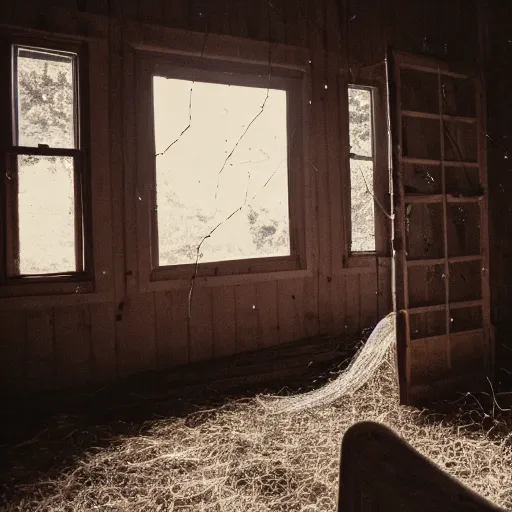 Image similar to a film production still, 1 4 mm, wide shot of a cabin interior, wooden furniture, cobwebs, spiderwebs, window light illuminates dust in the air, abandoned, cinematic