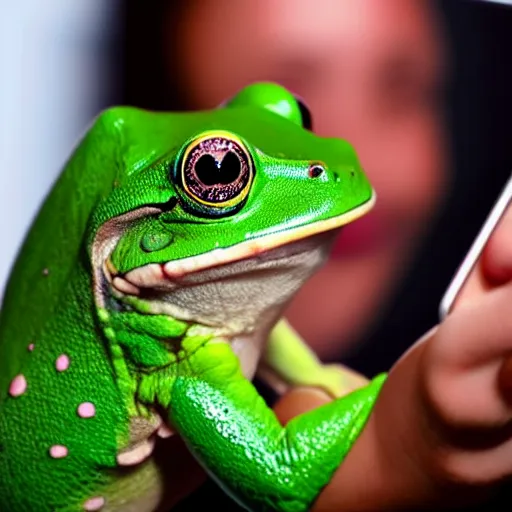 Prompt: super cute smiling green tree frog with a tiara on its head, taking a selfie on a fashion show, photo realistic, matte image