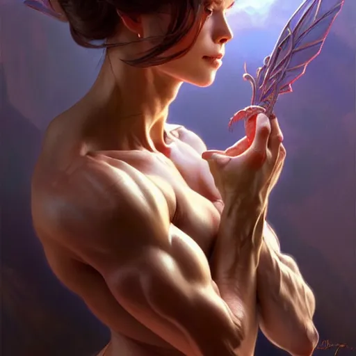 Image similar to , muscular upper body, D&D, fantasy, intricate, elegant, highly detailed, digital painting, artstation, concept art, smooth, sharp focus, illustration, art by artgerm and greg rutkowski and alphonse mucha