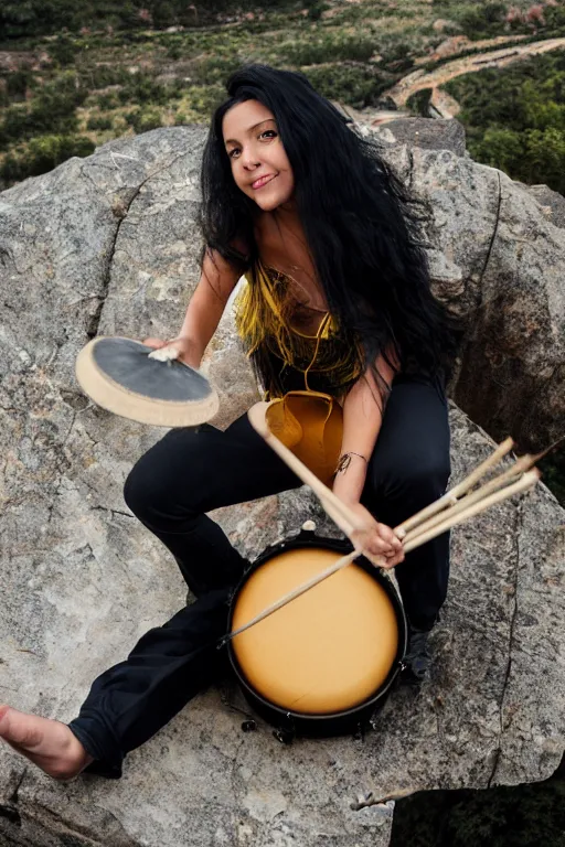 Image similar to Latina girl with long black hair playing drums on the side of a cliff