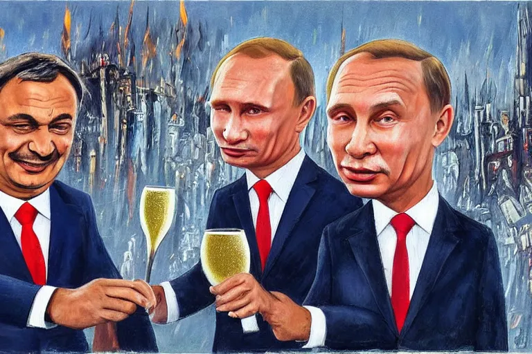 Image similar to viktor orban drinking champagne with putin in front a burning city, highly detailed eyes, oil painting