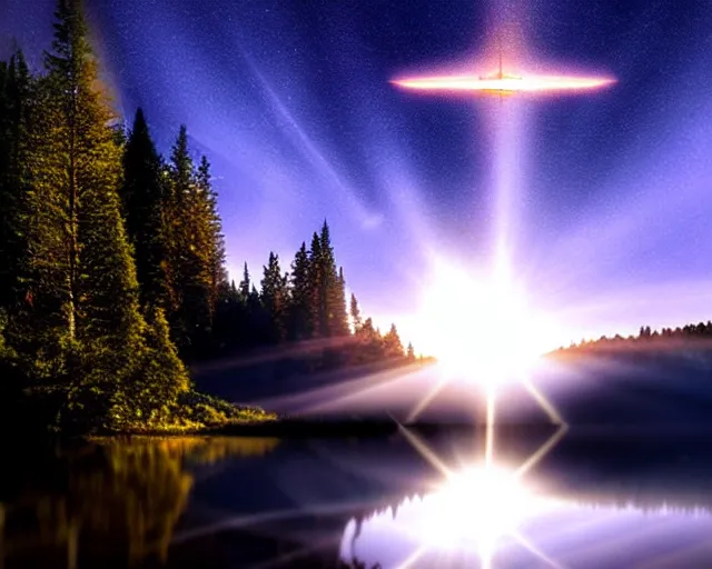 Image similar to [alien invasion] beautiful landscape photography of a UfO spaceship starfighter flying at incredible momentum through the sky at night. lake reflections in the foreground. sun rays shining through the trees. lens flare. moonlit, dramatic lighting by Marc Adamus