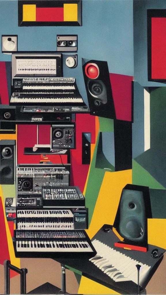 Prompt: a colorful painting of an electronic music studio by Rene Magritte